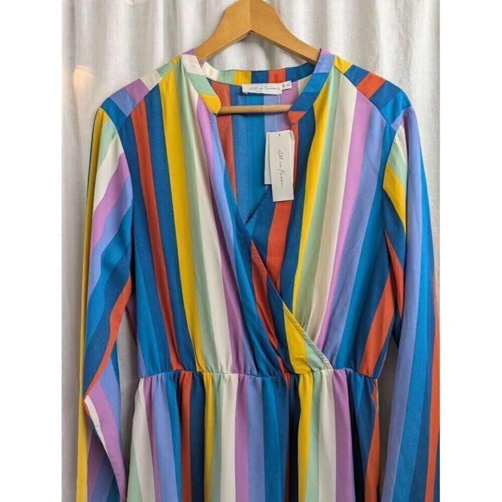 All in Favor women's size XL colorful striped mini dress, long sleeve, v neck C7 - Picture 3 of 12